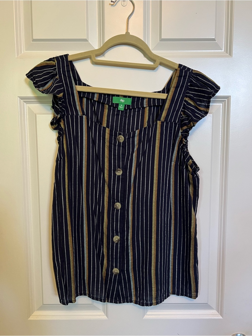 dip Navy and Tan Vertical Stripe Button-Front Women's Top